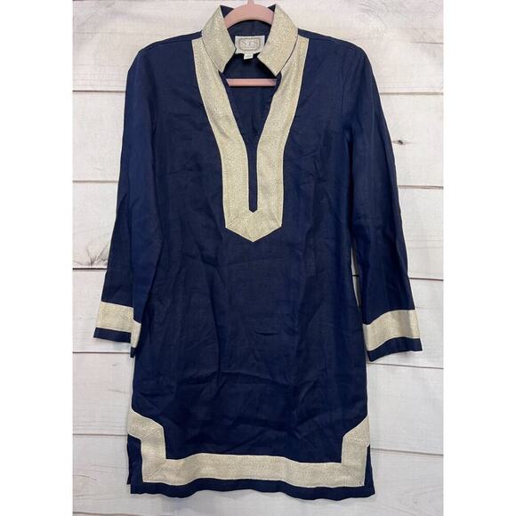 Sail to Sable Dresses & Skirts - Sail to Sable Size XS Long Sleeve Dress Navy With Gold Trim Linen